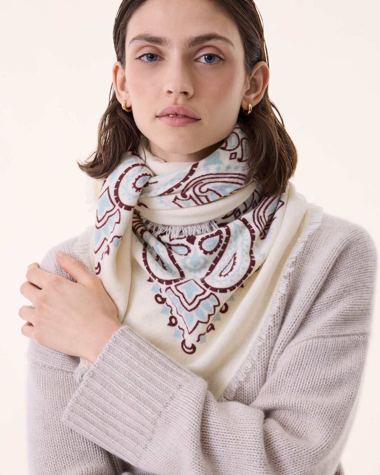 Bandana en cachemire blanc et bordeaux et bleu pour femme - Kujten