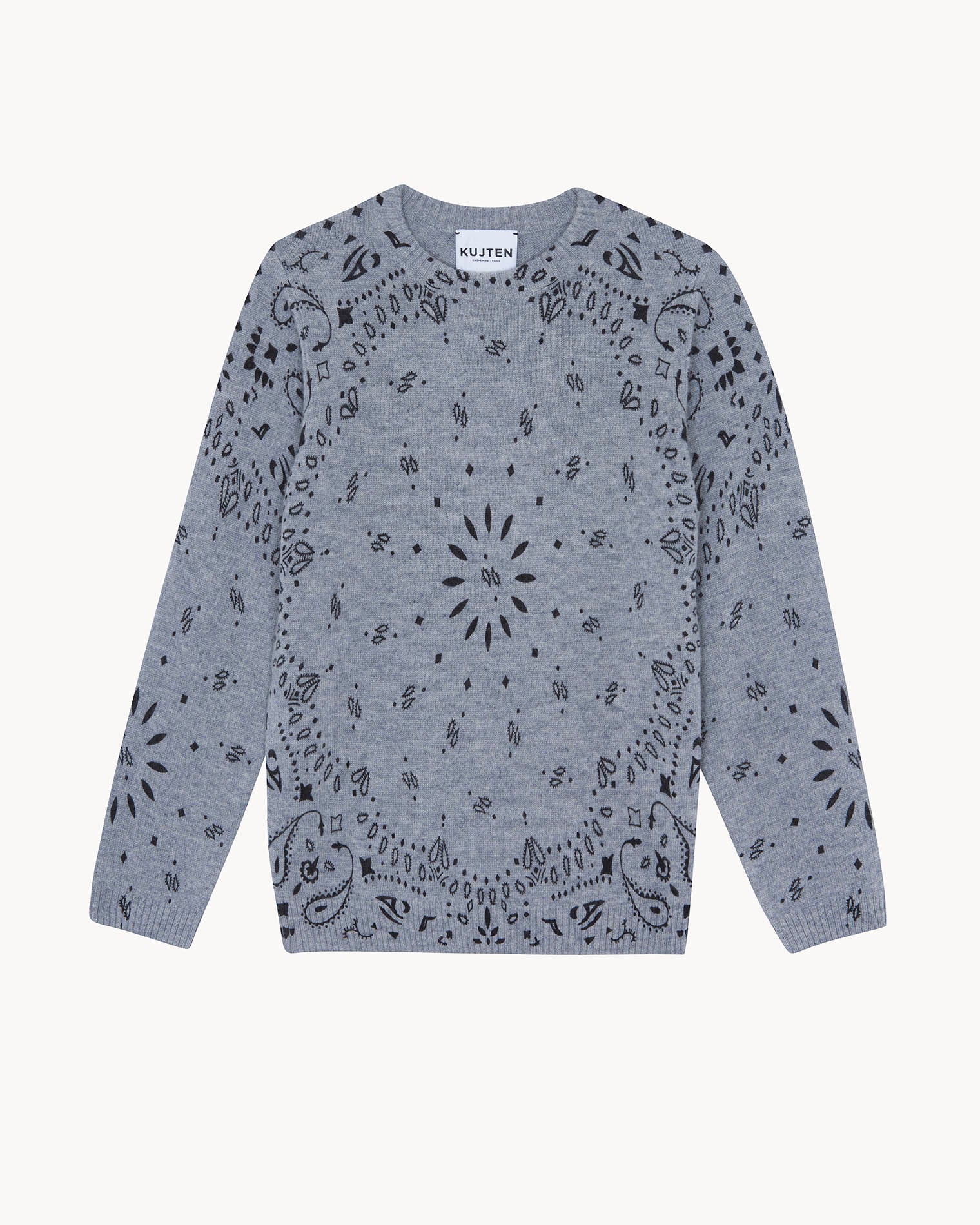 Marl Gray Bandana Print Cashmere Crew Neck Sweater | Kujten Cashmere