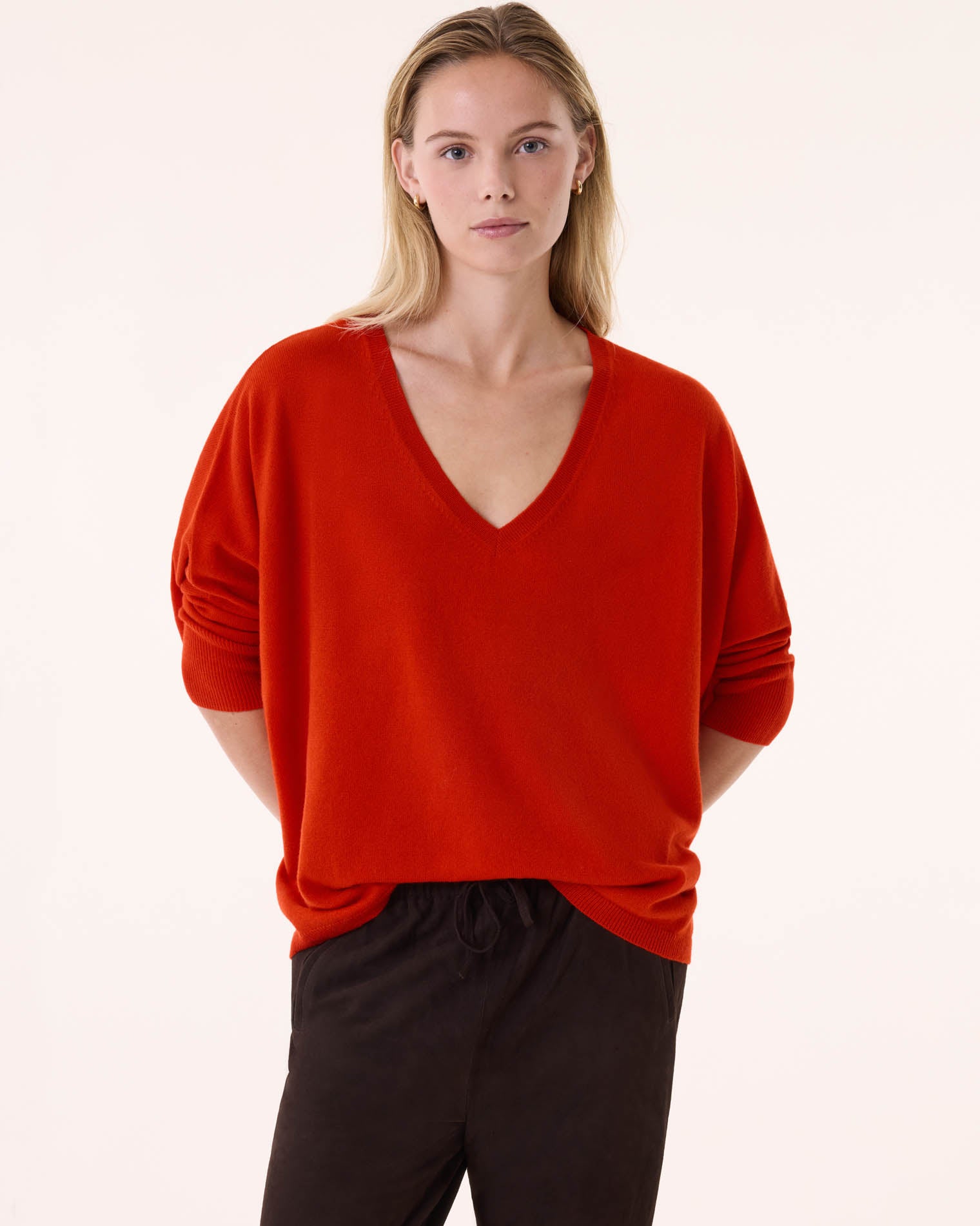 Red Orange Women Oversized V-Neck Cashmere Sweater Kujten Cashmere