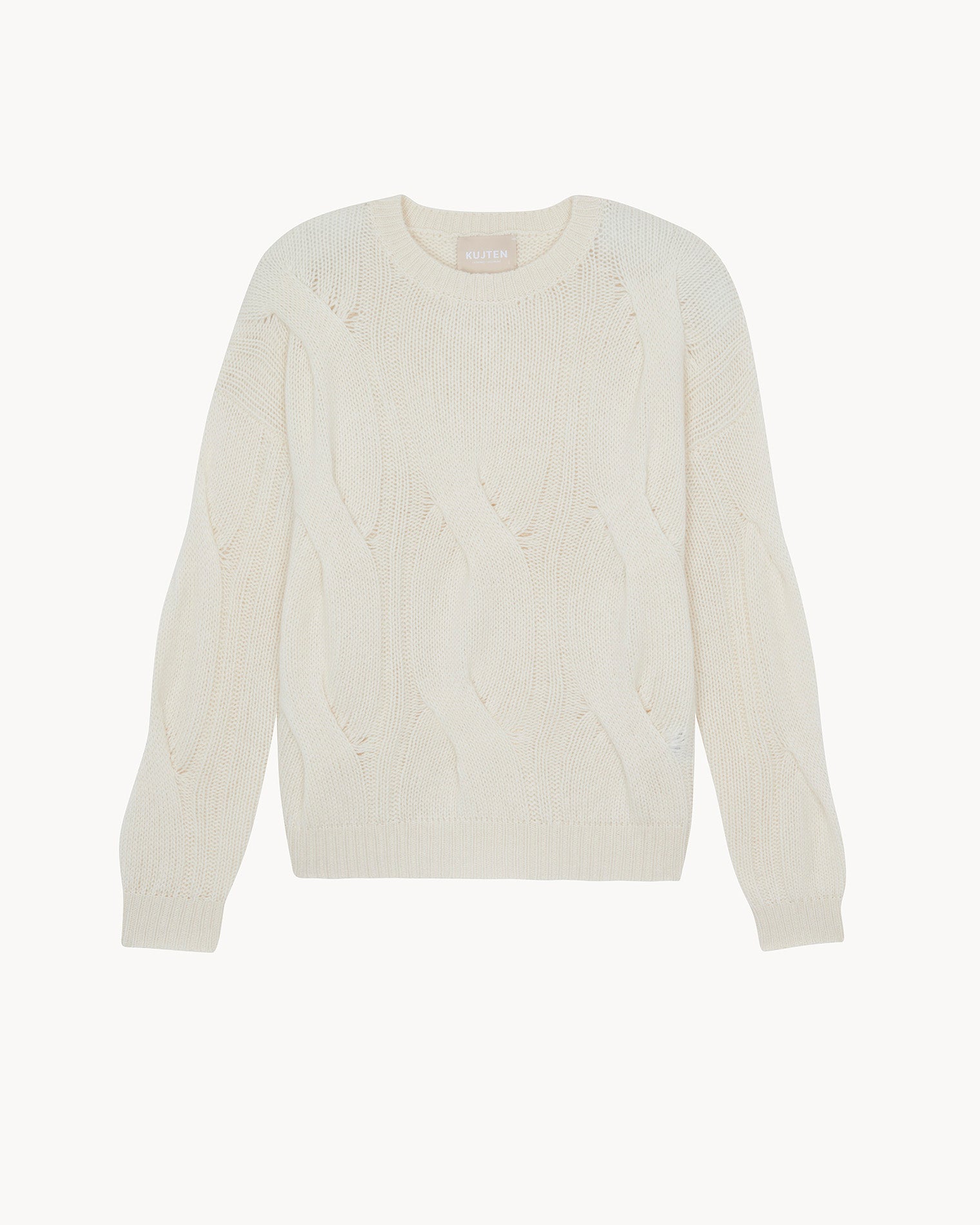 White Cable Knit Cashmere Crew Neck Sweater Kujten Cashmere