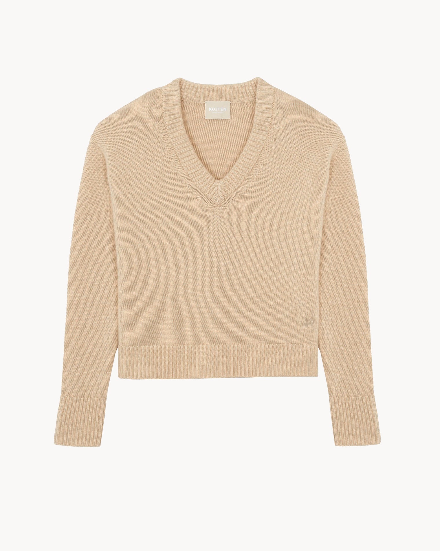 Organic Beige Women V-Neck Cashmere Sweater Kujten Cashmere