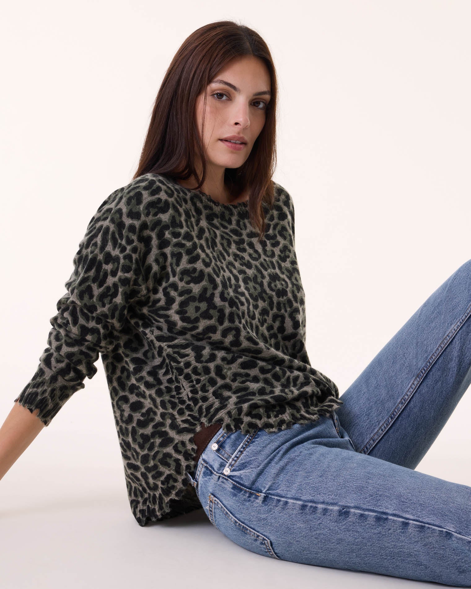 Khaki Leopard Print Cashmere Sweater Kujten Cashmere