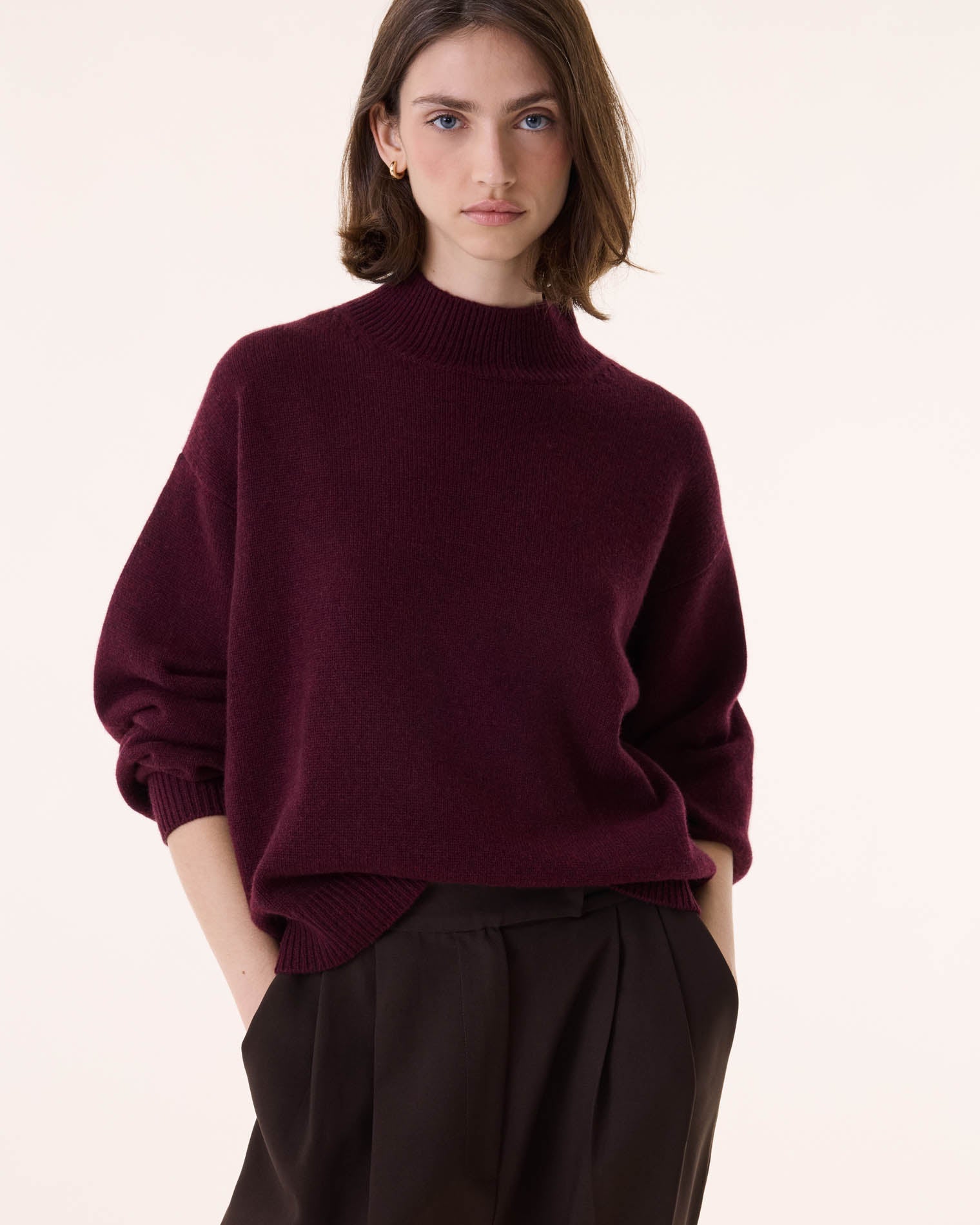 Pull Cachemire Femme Col Cheminée Bordeaux Kujten Cachemire