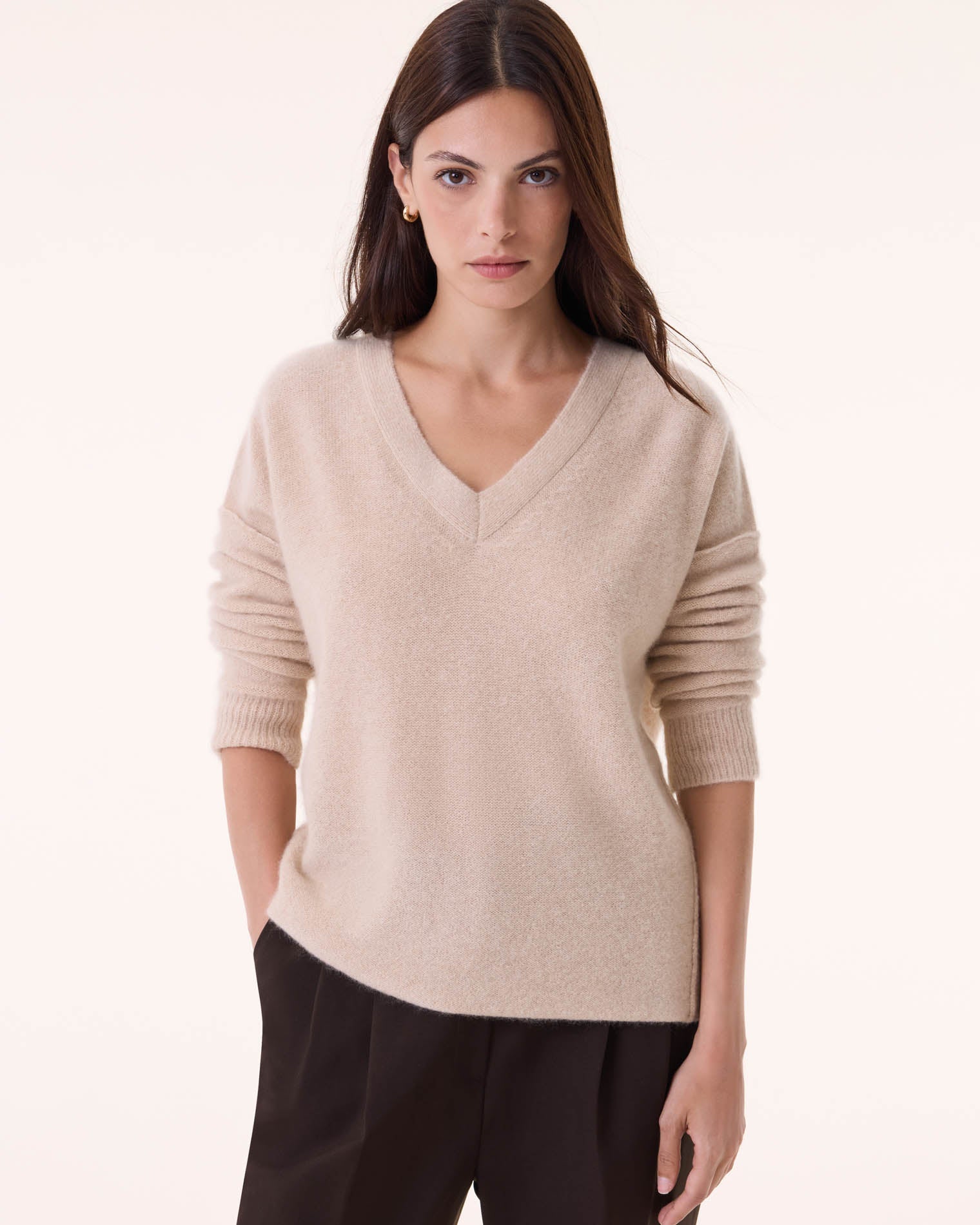 Marl Beige Women V-Neck Cashmere Sweater Kujten Cashmere