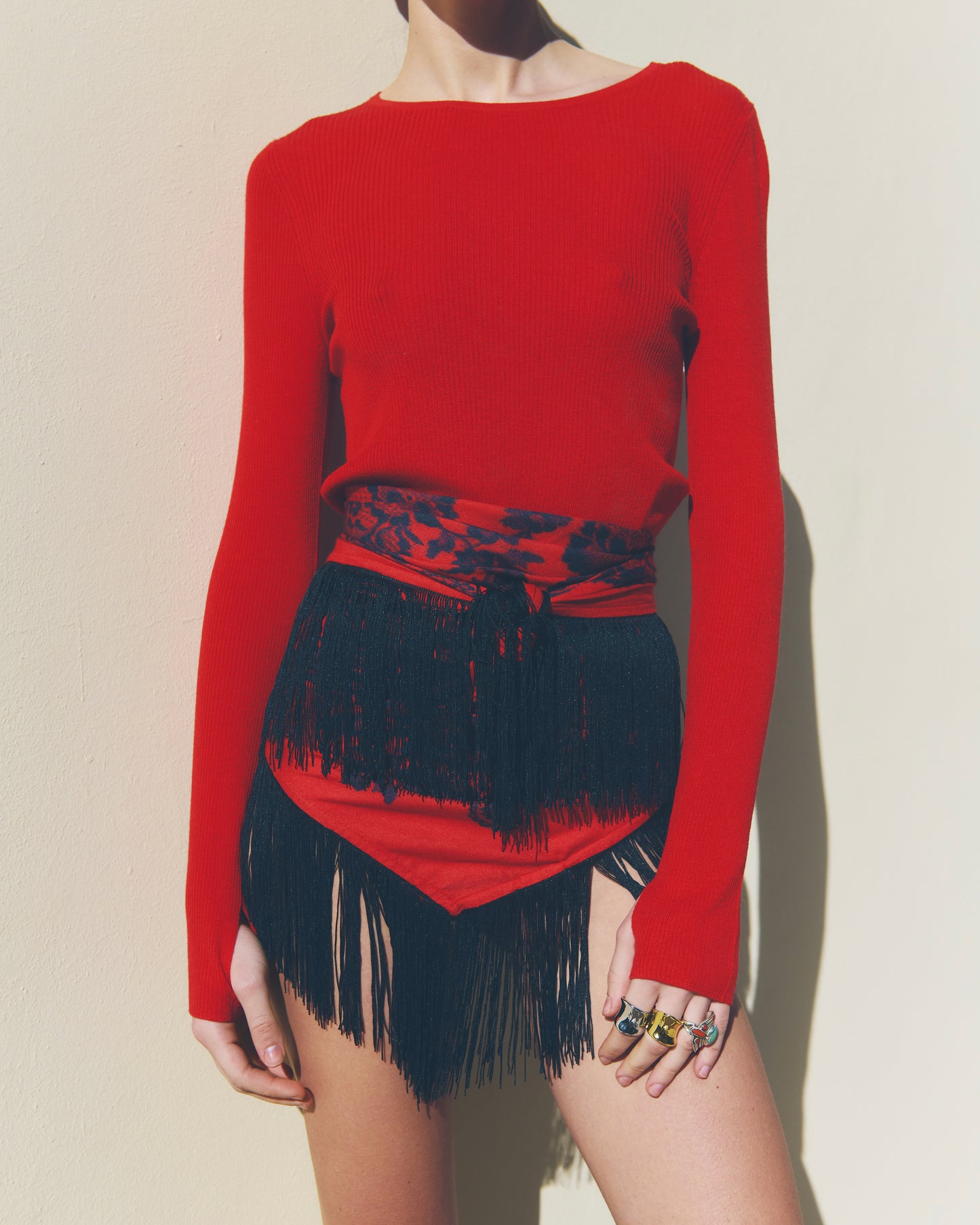 Large Bandana Helia Lace Fringes coral red