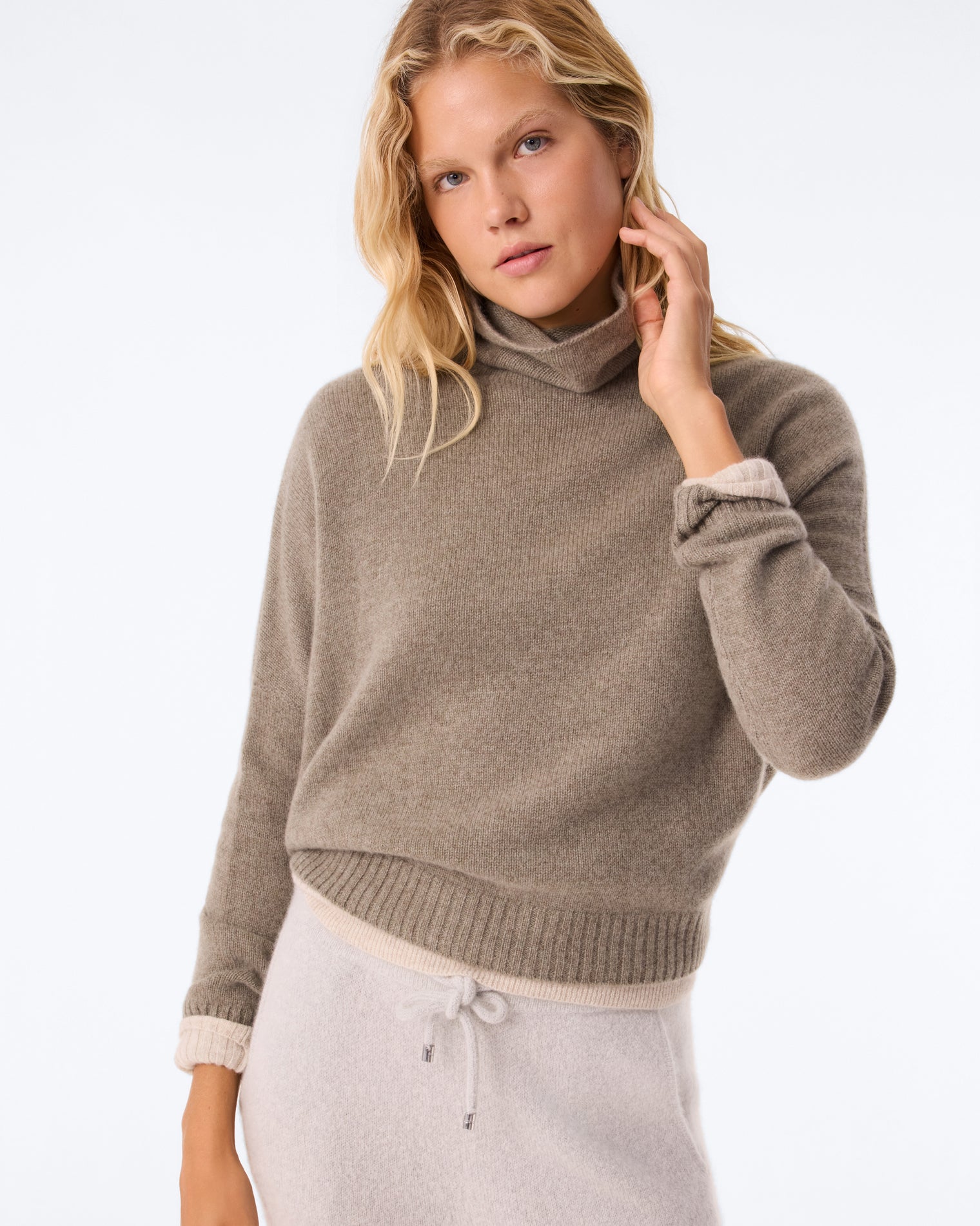 Funnel Neck Oversized Marl Khaki Cashmere Sweater | Kujten Cashmere