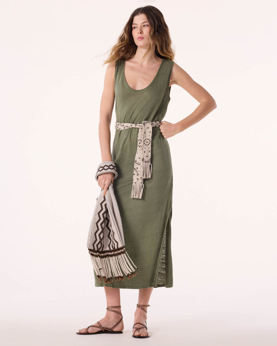 Robe Longue Avec Débardeur Lin Kaki Clair Kujten Cachemire