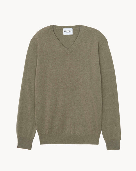 Marl Khaki V-Neck Cashmere Sweater | Kujten Cashmere