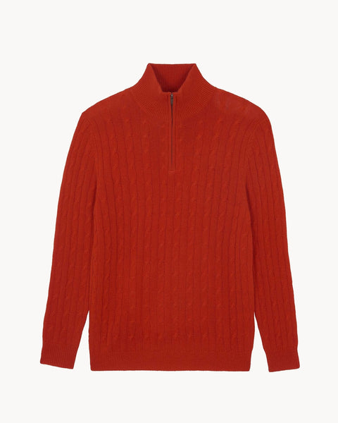 Red Orange Twisted Cashmere Half Zip Sweater | Kujten Cashmere