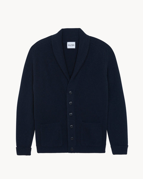 Dark Navy Blue Cashmere Cardigan Shawl Collar | Kujten Cashmere