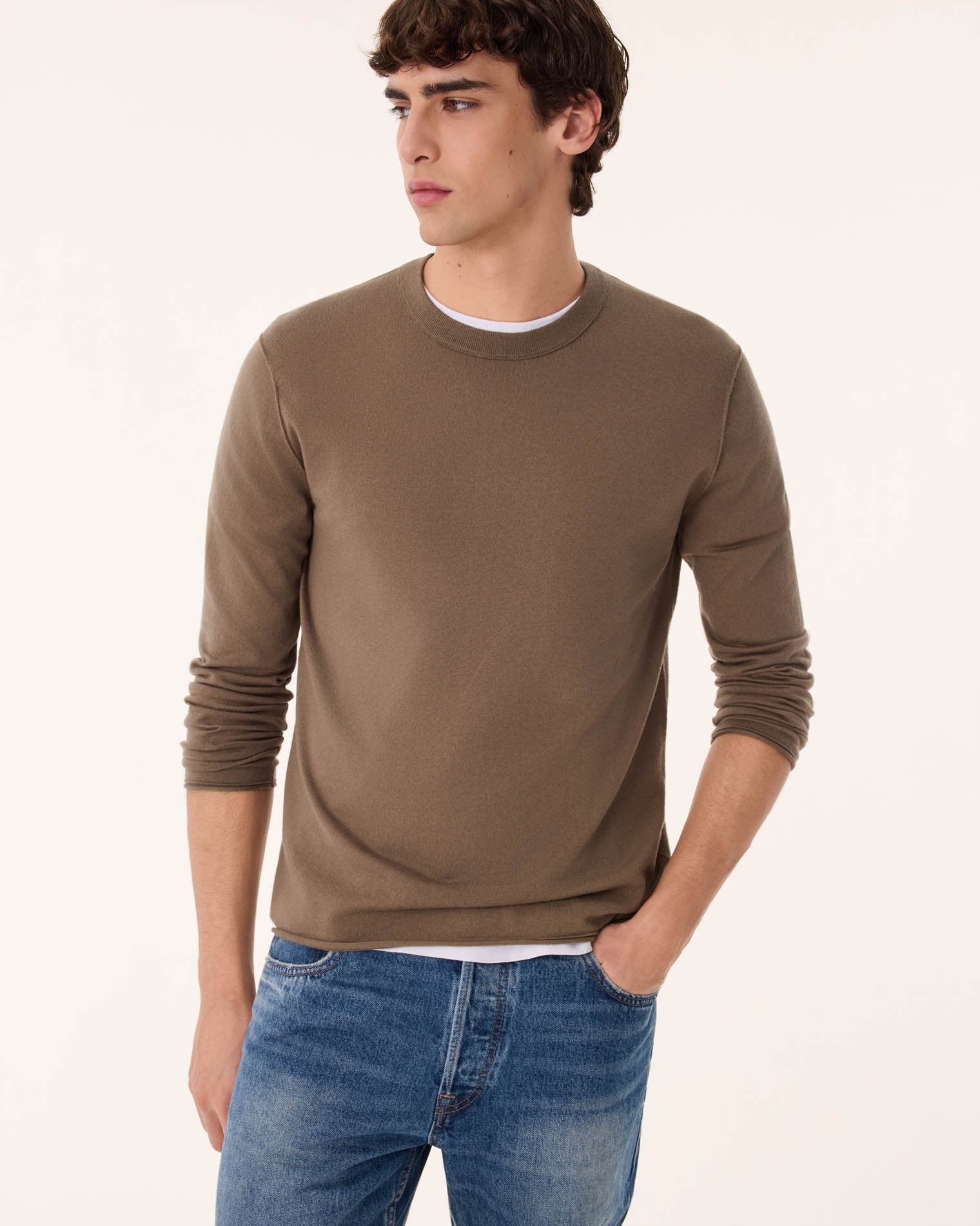 Pull en cachemire & coton kaki pour homme - Kujten